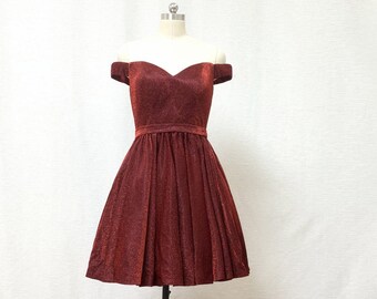 Off the Shoulder Burgundy Glitter Short Homecoming Dress with Pockets