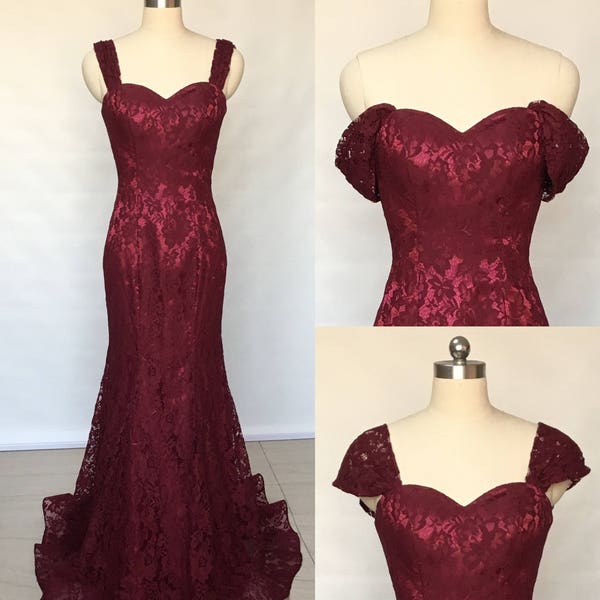 Mermaid Sweetheart Burgundy Lace Long Bridesmaid Dress with Convertible Straps