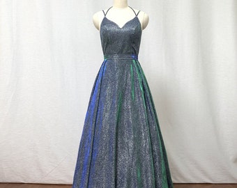 Silver Green Glitter Long Prom Dress Ball Gown
