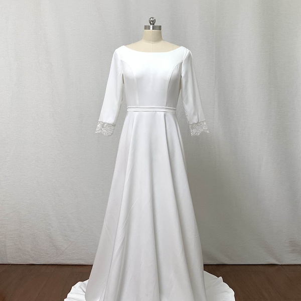 Custom A-line Scoop Ivory Spandex Long Wedding Dress with Sleeves