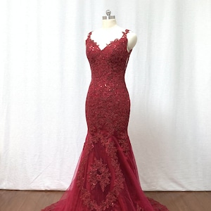 Mermaid V-Neck Burgundy Lace Applique Long Prom Dress Illusion Back