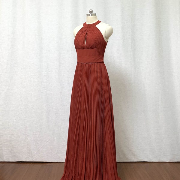 Pleated Rust Chiffon Long Bridesmaid Dress