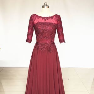 Scoop Burgundy Lace Chiffon Long Bridesmaid Dress with Half Sleeves