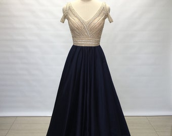 Custom V-Neck Navy Blue Satin Long Prom Dress Sheer