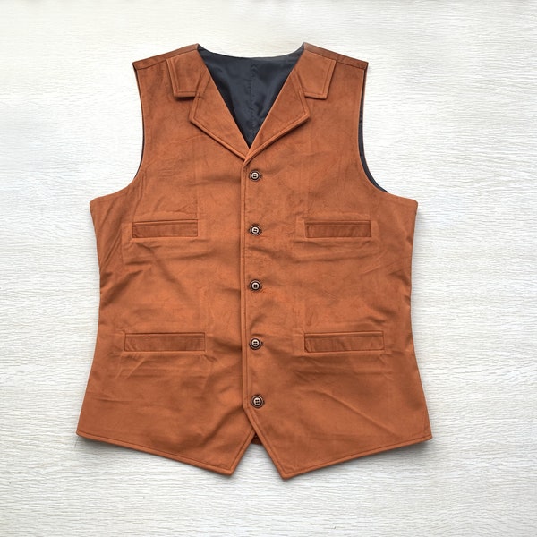 Mens Vest Burnt Orange Velvet Wedding Prom Waistcoat Tailored Collar 4 Pockets 5 Buttons