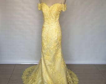 Off Shoulder Sweetheart Yellow Lace Long Prom Dress Mermaid