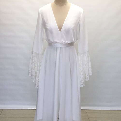 V-neck Simple Chiffon Full Length Dresses Ivory