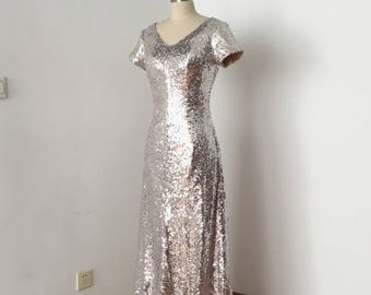 Sheath V-Neck Silver Sequin Long Bridesmaid Dress with Cap Sleeves