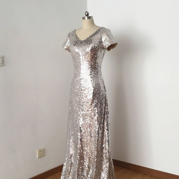 Sheath V-Neck Silver Sequin Long Bridesmaid Dress with Cap Sleeves