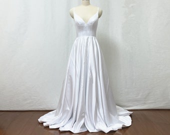Spaghetti Straps White Satin Long Elegant Wedding Dress with Train