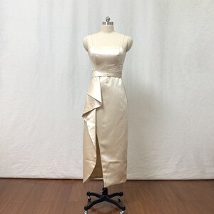 Simple Sheath Spaghetti Straps Light Champagne Tea Length Bridesmaid Dress