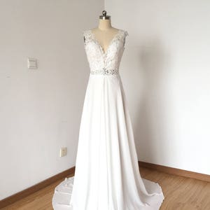 V-Neck Ivory Lace Chiffon Long Wedding Dress image 1