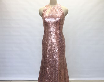 Sheath Halter Rose Gold Sequin Long Bridesmaid Dress