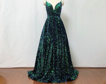 Sequin Prom Dress Ball Gown Forest Green Long Evening Dress