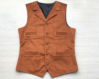 Mens Vest Burnt Orange Velvet Wedding Prom Waistcoat Tailored Collar 4 Pockets 5 Buttons