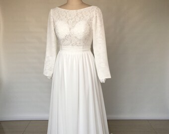 Custom Backless Ivory Chiffon Lace Long Wedding Dress with Long Sleeves