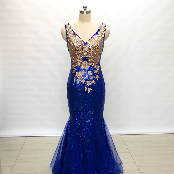Mermaid V-Neck Royal Blue Sequin Tulle Long Prom Dress with Lace Appliques