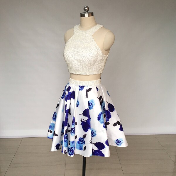 Two Piece Ivory Floral Print Satin Short Homecoming Dress