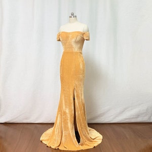 Velvet Bridesmaid Dress 2020 Mermaid Gold Burnt Orange Velvet Long Prom Dress with Slit & Short Sleeves
