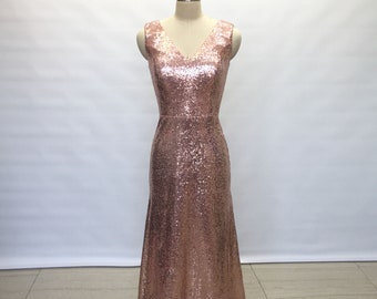 Sheath V-Neck Rose Gold Sequin Long Bridesmaid Dress