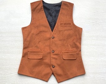 Mens Vest Burnt Orange Velvet Wedding Prom Waistcoat V-neck 3 Pockets 3 Buttons