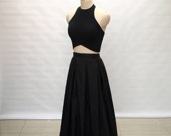 Two Piece Black Spandex Taffeta Long Prom Dress