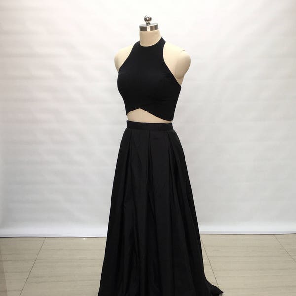 Two Piece Black Spandex Taffeta Long Prom Dress