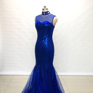 Illusion Sweetheart Royal Blue Sequin Tulle Long Prom Dress Mermaid