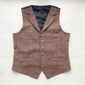 Plaid Mens Vest Made to Order Brown Wedding Prom Waistcoat Casual Business Tailored Collar 3 Pockets 6 Buttons