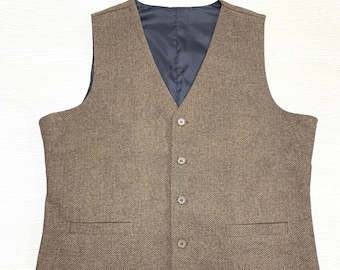 Chaleco Marrón Hombre Chaleco De Boda Espiga Tweed Cuello en V 2 Bolsillos 5 Botones