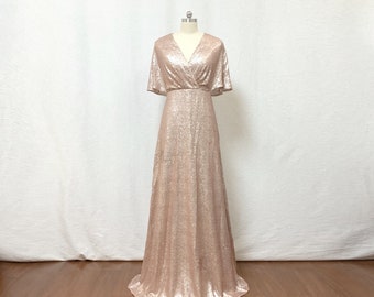 Modest Matte Champagne Gold Sequin Long Bridesmaid Dress Sheath