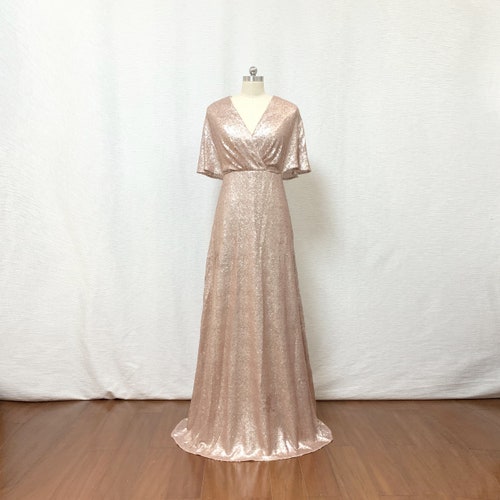 Modest Matte Champagne Gold Sequin Long Bridesmaid Dress Sheath