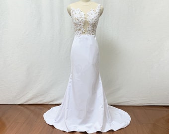 Illusion White Lace Applique Stretch Satin Long Wedding Dress Prom Dress Mermaid