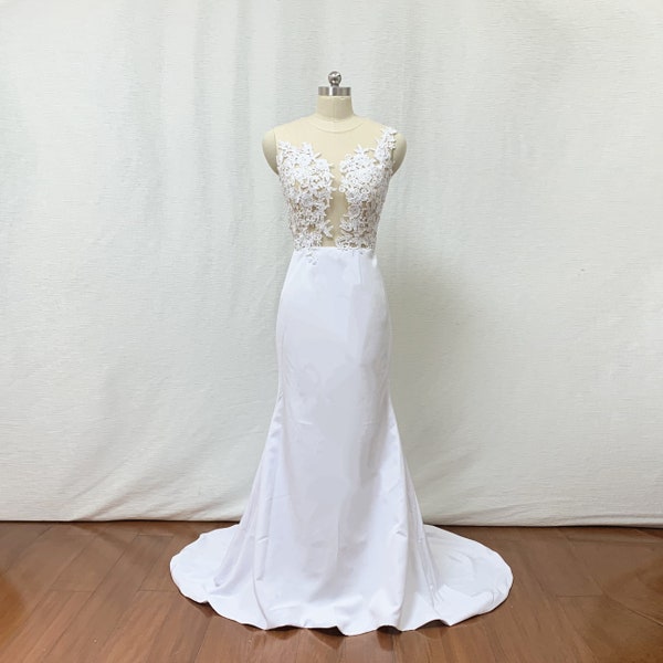 Illusion White Lace Applique Stretch Satin Long Wedding Dress Prom Dress Mermaid