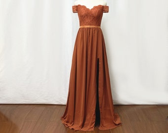 Off the Shoulder Burnt Orange Lace Chiffon Long Bridesmaid Dress with Slit