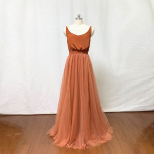 Burnt Orange Chiffon Tulle Long Bridesmaid Dress