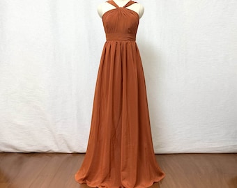 Gebrande Oranje Chiffon Lange Bruidsmeisje Jurk