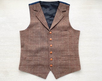 Plaid Mens Vest Made to Order Brown Wedding Prom Waistcoat Casual Business Tailored Collar 3 Pockets 6 Buttons