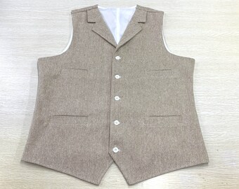 Champagne Mens Vest with Lapels Wedding Waistcoat Herringbone Tweed 4 Pockets 5 Buttons