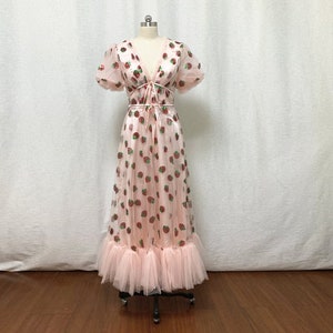 Strawberry Tulle Midi Dress 2021 Made-to-Order with Puffy Sleeves