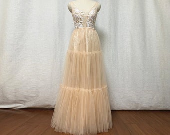 Boho Prom Dress 2021 Champagne Tulle Lace Wedding Dress