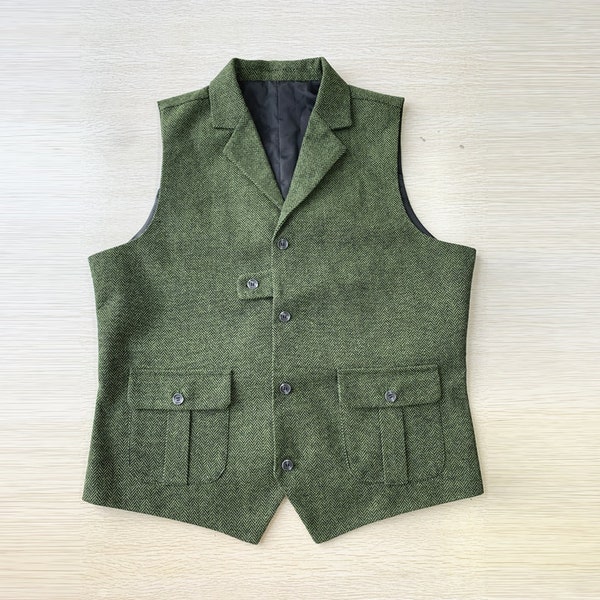 Green Men's Vest for Wedding Waistcoat Formal Herringbone Tweed Lapel 2 Pockets 7 Buttons