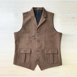 Wedding Vest for Groomsmen Brown Herringbone Waistcoat with 2 Pockets image 1