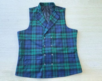 Christmas Vest for Men Women Green Plaid Waistcoat Lapel 2 Pockets 8 Buttons
