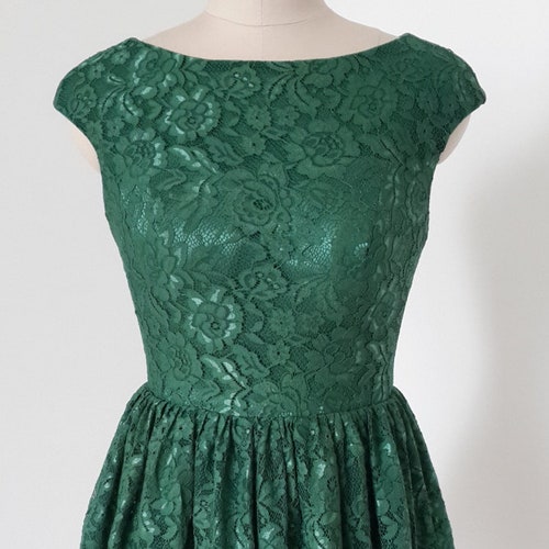 green lace skater dress Cute Forest Green Dress - Skater Dress - Floral Lace Mini Dress