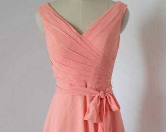 V-Back Light Watermelon Chiffon Short Bridesmaid Dress with Unattached Sash