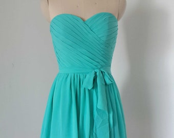 Sweetheart Turquoise Blue Chiffon Short Bridesmaid Dress with unattached Sash