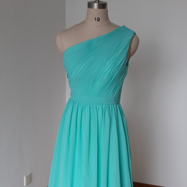 One-Shoulder Turquoise Chiffon Long Bridesmaid Dress