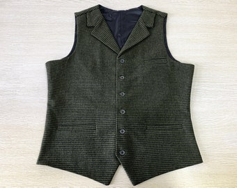 Green Houndstooth Wool Blend Men's Vest Groomsmen Waistcoat Tailored Collar 3 Pockets 6 Buttons