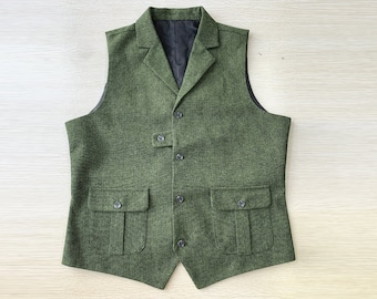 Groen herenvest voor bruiloft vest formele visgraat tweed revers 2 zakken 7 knopen